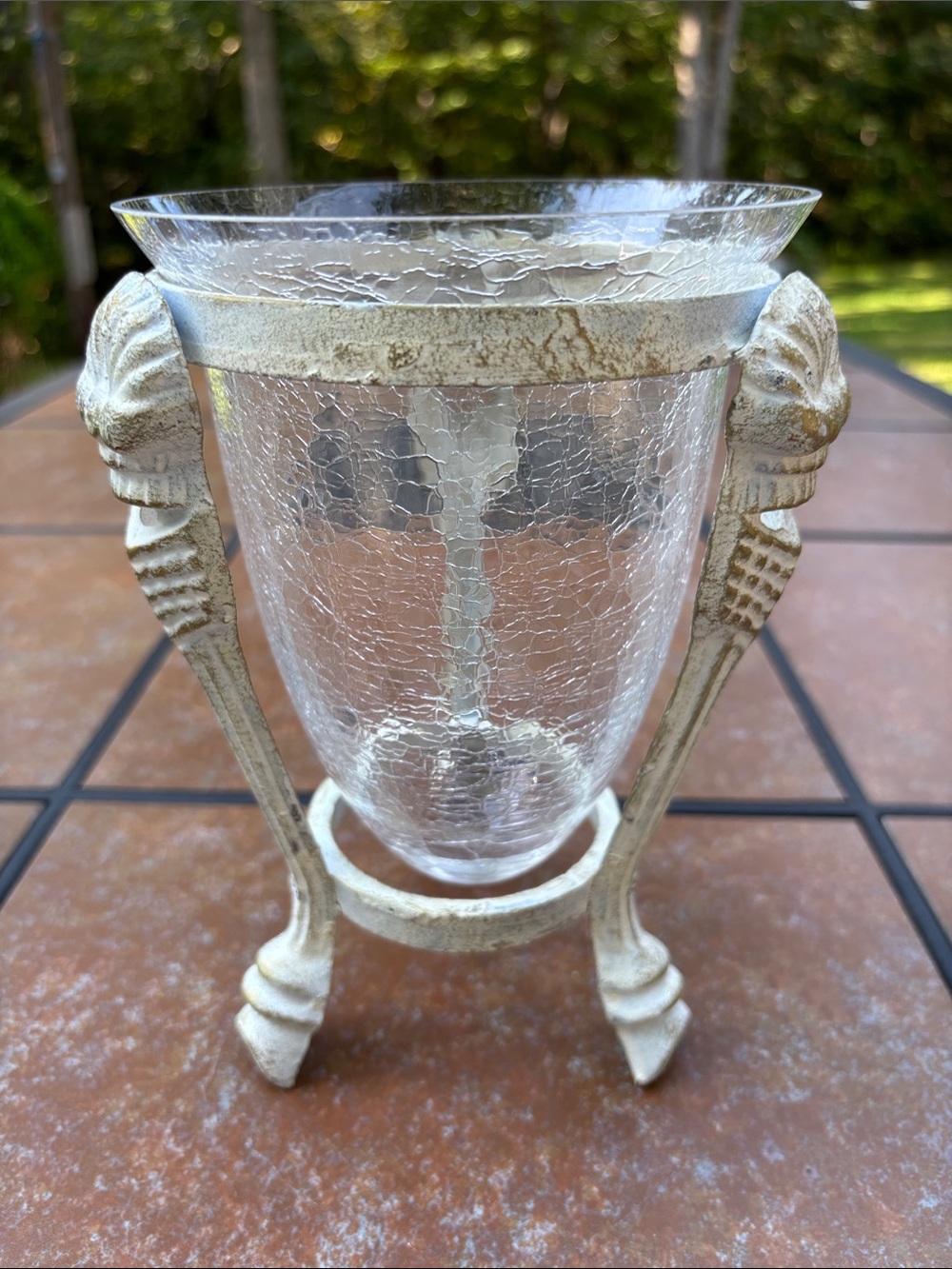 Decorative Clear Crackle Glass Vase/Candle Holder Distressed White Metal Stand - Picture 8 of 8